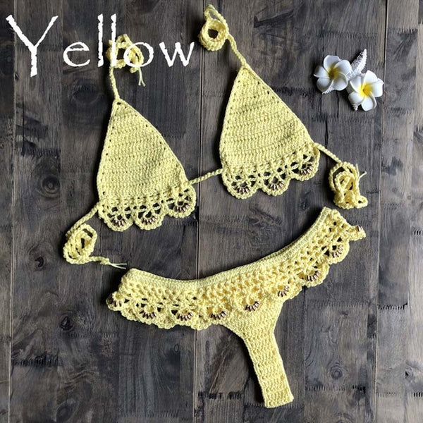 Crochet Micro Bikini Set High Waist G Thong Halter Swimwear Beach Sexy Lingerie Sets 2019 New Arrival