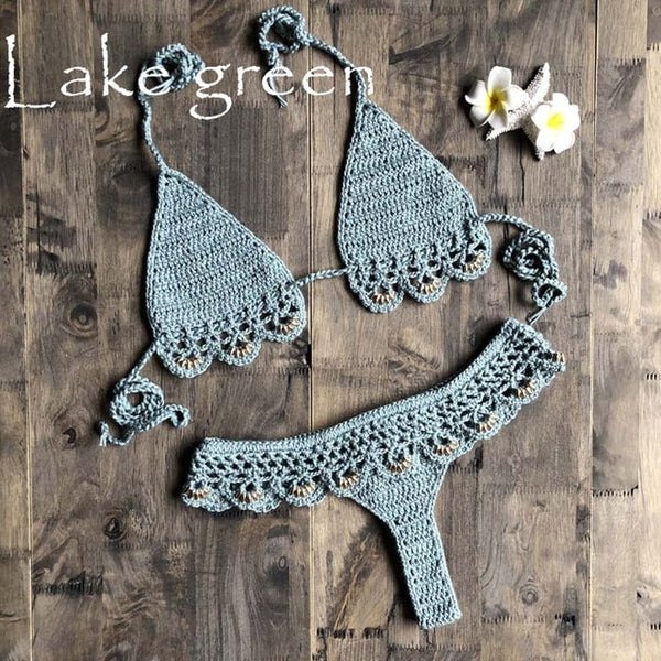 Crochet Micro Bikini Set High Waist G Thong Halter Swimwear Beach Sexy Lingerie Sets 2019 New Arrival