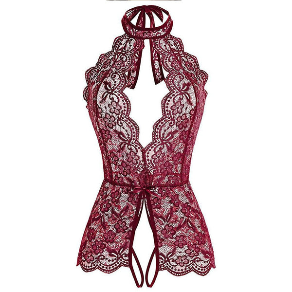 Valentine's Day Sexy Set Spaghetti Strap Perspective Lingerie Women Sexy Bodysuit Crochet Lace Sheer Mesh Halter Teddy Fashion