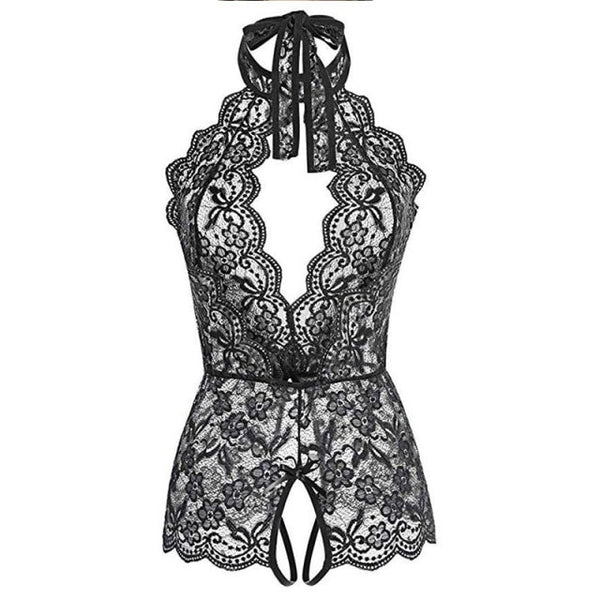 Valentine's Day Sexy Set Spaghetti Strap Perspective Lingerie Women Sexy Bodysuit Crochet Lace Sheer Mesh Halter Teddy Fashion