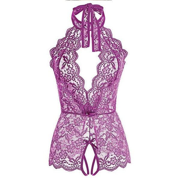 Valentine's Day Sexy Set Spaghetti Strap Perspective Lingerie Women Sexy Bodysuit Crochet Lace Sheer Mesh Halter Teddy Fashion