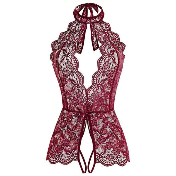 Valentine's Day Sexy Set Spaghetti Strap Perspective Lingerie Women Sexy Bodysuit Crochet Lace Sheer Mesh Halter Teddy Fashion